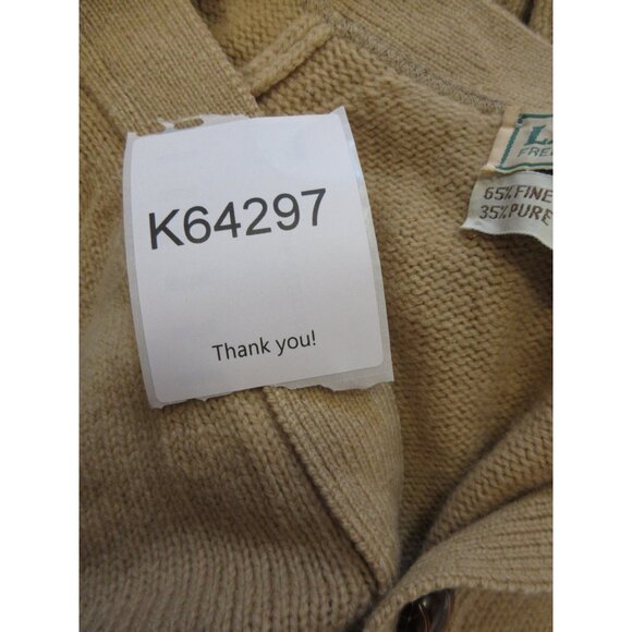 VINTAGE LL Bean Sweater Large 80s Lambswool Camel Leather Cardigan USA - Picture 14 of 14